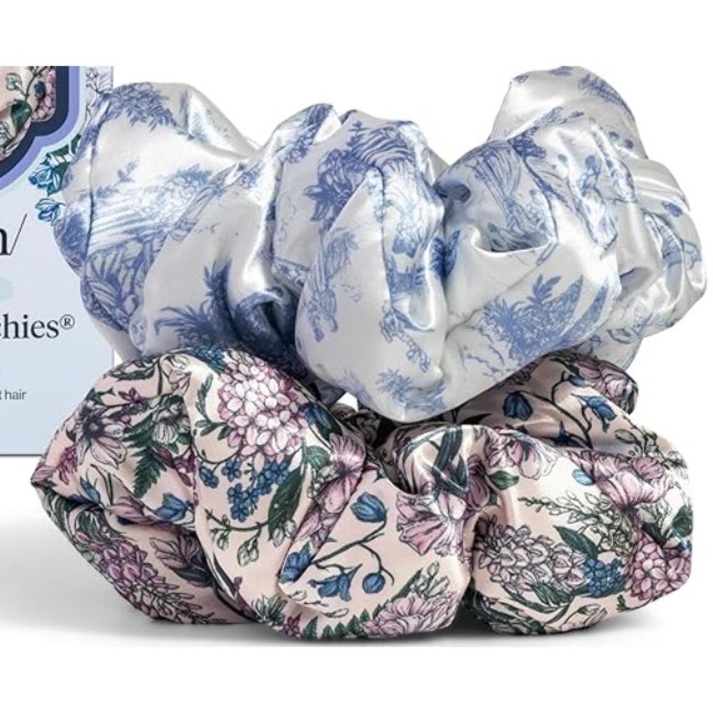 NEW Kitsch Bridgerton Pillow Scrunchies Blue Floral 2pc Satin Set